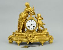 A LATE 19TH CENTURY GILT METAL FIGURAL MANTEL CLOCK, cast with lady in classical dress and a