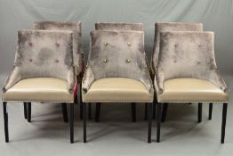 THREE PAIRS OF MODERN DECORATIVE ARMCHAIRS, the backs with various designs, covered with grey