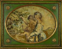 A GEORGE III OVAL EMBROIDERED SILK PANEL, depicting two beauties with a child beside a tree and a