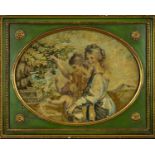 A GEORGE III OVAL EMBROIDERED SILK PANEL, depicting two beauties with a child beside a tree and a