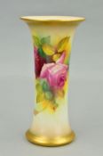 A ROYAL WORCESTER CYLINDRICAL VASE WITH FLARED RIM PAINTED BY MILLIE HUNT, decorated with roses