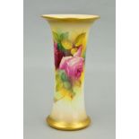 A ROYAL WORCESTER CYLINDRICAL VASE WITH FLARED RIM PAINTED BY MILLIE HUNT, decorated with roses