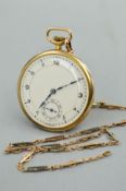 A 9CT GOLD SWISS FIFTEEN JEWEL POCKET WATCH, (approximate weight 43 grams), on a 9ct chain (