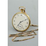 A 9CT GOLD SWISS FIFTEEN JEWEL POCKET WATCH, (approximate weight 43 grams), on a 9ct chain (