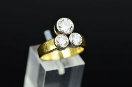 A LATE 20TH CENTURY 18CT GOLD TREFOIL DESIGN DIAMOND RING, comprised of three modern round brilliant