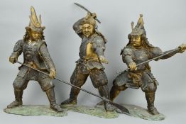 A SET OF THREE 20TH CENTURY BRONZE FIGURES OF SAMURAI WARRIORS, each holding a removable spear or