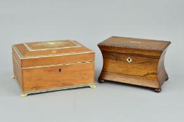 AN EARLY VICTORIAN ROSEWOOD TEA CADDY, of rectangular concave form, moulded edge to hinged lid