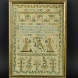 A GEORGE III NEEDLEWORK SAMPLER WORKED BY ELIZABETH BURROWS, aged 13, 1798, foliate border enclosing