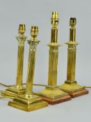 TWO PAIRS OF BRASS TABLE LAMPS, of column design, one pair of Corinthian column design, the other