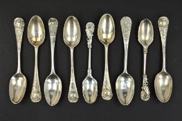 A MATCHED SET OF FIVE GEORGE II/III SILVER 'PICTURE BACK' HANOVERIAN PATTERN TEASPOONS, all engraved