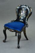 A VICTORIAN PAPIER MACHE AND WOODEN SALON CHAIR, with black lacquered mother of pearl inlaid gilt