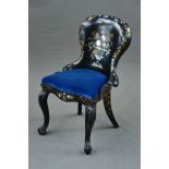 A VICTORIAN PAPIER MACHE AND WOODEN SALON CHAIR, with black lacquered mother of pearl inlaid gilt