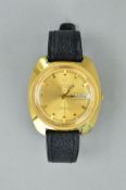 A GENTS OMEGA ELECTRONIC F 300 HZ GENEVA CHRONOMETER 1970'S WRISTWATCH, gold plated, with day
