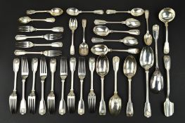 A HARLEQUIN LOOSE CANTEEN OF VICTORIAN SILVER FLATWARE IN FIDDLE, THREAD AND SHELL PATTERN, all