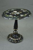 A VICTORIAN PAPIER MACHE AND WOODEN TILT TOP TEA TABLE, of shaped oval form, black lacquered