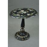 A VICTORIAN PAPIER MACHE AND WOODEN TILT TOP TEA TABLE, of shaped oval form, black lacquered