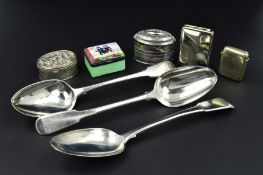 A PAIR OF GEORGE III SILVER PETER & WILLIAM BATEMAN FIDDLE PATTERN TABLESPOONS, engraved initial,