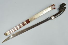 A 19TH CENTURY ASIAN SWORD, horn hilt with foliate carved terminal, 47cm blade, wooden scabbard with