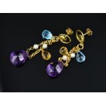 A MODERN PAIR OF MULTI GEMSTONE DROP EARRINGS, to include briolette cut blue topaz, citrine and