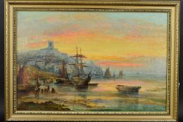 WILLIAM LANGLEY (BRITISH 1852-1922), 'Low Tide Off Cromer', sunset harbour scene, oil on canvas,