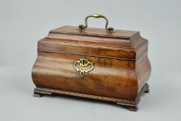 A GEORGE III MAHOGANY BOMBE TEA CADDY, pagoda style top with brass swan neck handle and caddy with