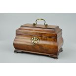 A GEORGE III MAHOGANY BOMBE TEA CADDY, pagoda style top with brass swan neck handle and caddy with