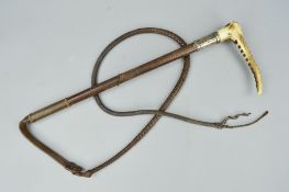 A SWAINE & ADENEY LTD SILVER MOUNTED LEATHER RIDING WHIP, horn handle, the silver inscribed A.A.W