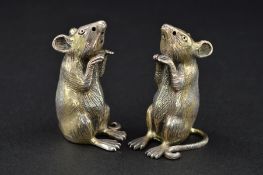 A PAIR OF ELIZABETH II NOVELTY SILVER MICE PEPPERETTES, stamped 925 to underside of feet, height