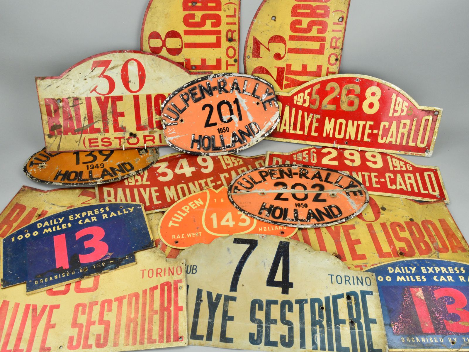 A COLLECTION OF LATE 1940'S AND EARLY 1950'S INTERNATIONAL CAR RALLY ENTRY NUMBER PLATES,