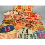 A COLLECTION OF LATE 1940'S AND EARLY 1950'S INTERNATIONAL CAR RALLY ENTRY NUMBER PLATES,