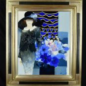 JOEL ROUGIE (FRENCH 1957), 'Bleue-Blue', a woman wearing a hat, standing next to a vase of