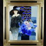 JOEL ROUGIE (FRENCH 1957), 'Bleue-Blue', a woman wearing a hat, standing next to a vase of