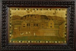 A 19TH CENTURY CROSS STITCH NEEDLEWORK PICTURE OF A COUNTRY HOUSE SCENE, chevron border enclosing