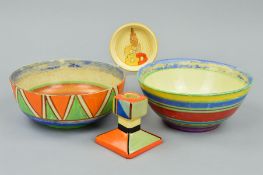 THREE PIECES OF CLARICE CLIFF POTTERY, comprising a bowl painted with geometric design to the