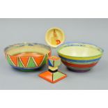 THREE PIECES OF CLARICE CLIFF POTTERY, comprising a bowl painted with geometric design to the