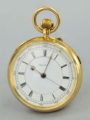 AN 18CT OPEN FACED POCKET WATCH, centre seconds, stop button, 18ct dust cover, monogram engraved