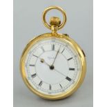 AN 18CT OPEN FACED POCKET WATCH, centre seconds, stop button, 18ct dust cover, monogram engraved