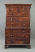 A GEORGE III MAHOGANY CHEST ON CHEST, the moulded pediment above three short and three long