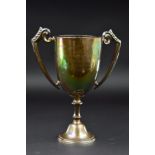 A GEORGE V SILVER TWIN HANDLED TROPHY CUP, bears presentation inscription, on a hexagonal pedestal