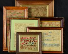 SIX 19TH CENTURY SAMPLERS, mostly alphabet/numerals, including 'Alice Coates Evans's Work Aged 9