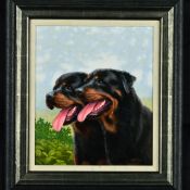 JOHN SILVER (BRITISH 1959), 'Rottweilers', a pair of dogs, signed and cross bones logo, dated