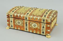 A 19TH CENTURY VIZAGAPATUM IVORY AND SANDALWOOD JEWELLERY BOX, rectangular with domed hinged cover