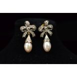 A PAIR OF DIAMOND AND CULTURED PEARL DROP EARRINGS, featuring a fancy bow top suspending a tear drop