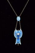 AN ART NOUVEAU CHARLES HORNER SILVER ENAMELLED PENDANT, inlaid with blue enamel and mother of pearl,