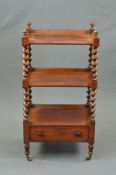 A VICTORIAN WALNUT THREE TIER WHATNOT, of rectangular form, the upper tier with turned finials to