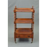 A VICTORIAN WALNUT THREE TIER WHATNOT, of rectangular form, the upper tier with turned finials to