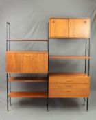 AN AVALON TEAK TWO BAY FREESTANDING ROOM DIVIDING SHELVING SYSTEM, comprising of three metal