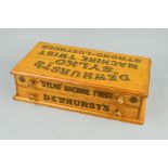 A DEWHURSTS 'SYLKO' HABERDASHERS OAK TWO DRAWER COTTON REEL STORAGE BOX, with gilt and black text to
