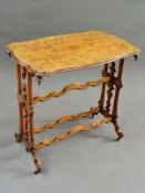 A VICTORIAN BURR WALNUT AND WALNUT OCCASIONAL TABLE, the shaped rectangular top with turned pendants