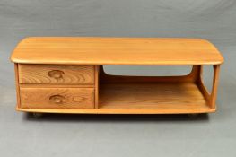 AN ERCOL ELM MINERVA RECTANGULAR COFFEE TABLE, with two drawers and lower shelf, width 125cm x depth